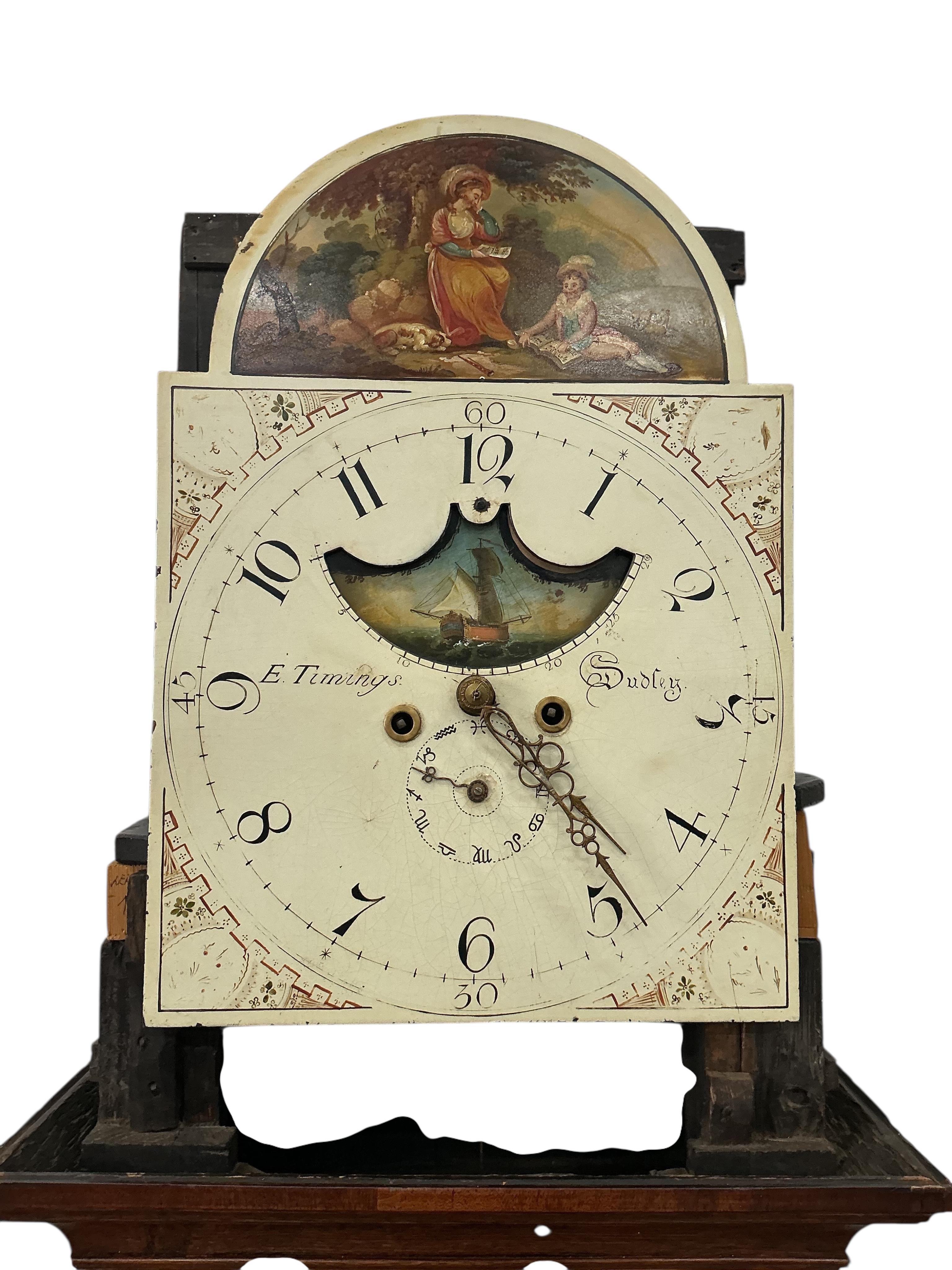 A George III oak and mahogany eight day moonphase longcase clock, marked Timmings, Dudley, height 236cm